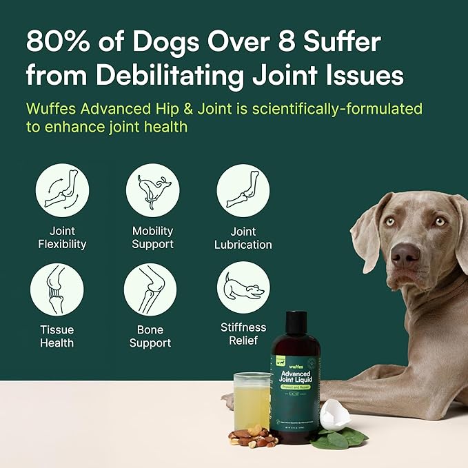 Wuffes Advanced Joint Liquid for Dogs, Hip & Joint Support Supplement with Glucosamine, Chondroitin, UC-II® Collagen, and MSM, for Small & Large Breeds, 16 Oz