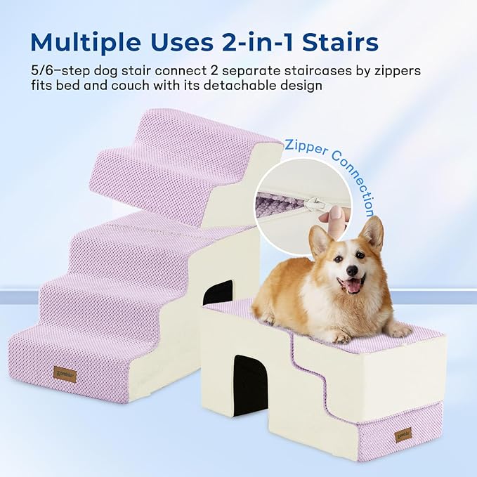 Dog Steps for High Beds - 5 Step 23.8" H Pet Stairs with Tunnel 2 in 1 with Zippers Suitable for Small Dogs and Cats, Indoor Cat Ladders with Non-Slip Bottom, Beige