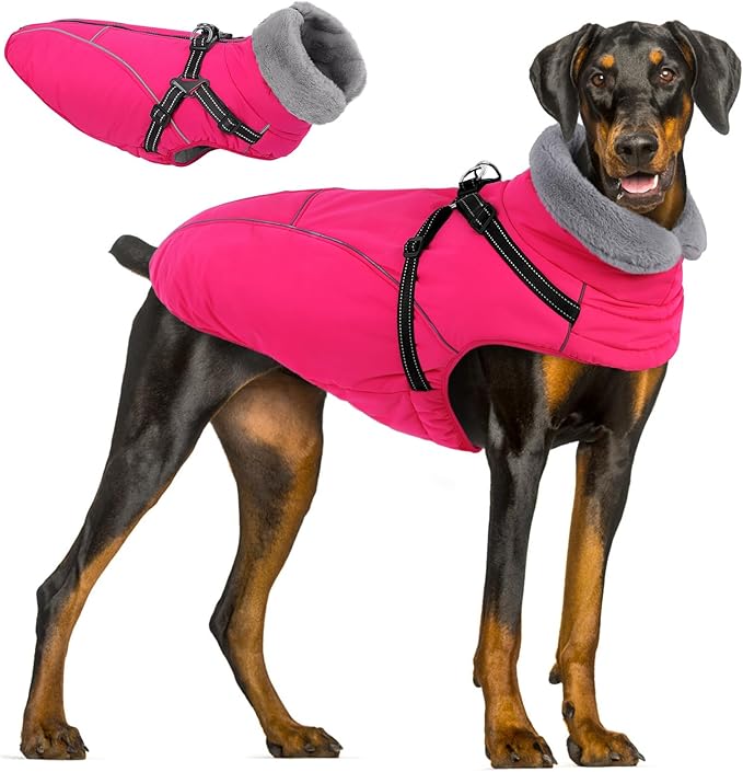 Queenmore Large Dog Jackets,Dog Coats for Extra Large Dogs with Harness Built in,Reflective Waterproof Dogs Jackets with Fleece Lining,Warm Snowsuit Pet Coats for German Shepherd,Rosered,XXXL
