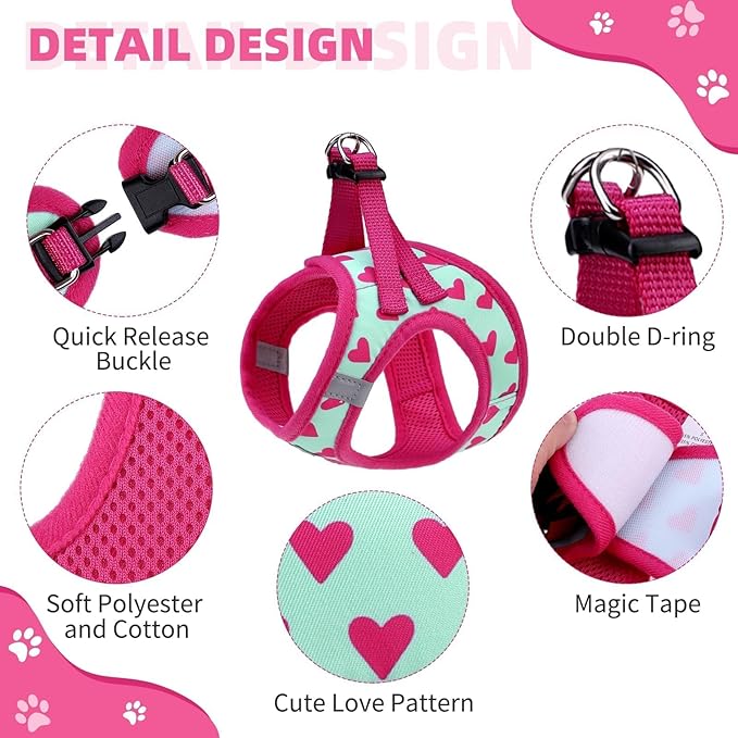 KOOLTAIL Dog Harness and Leash Set for Small Medium Dogs, Step in No Pull Soft Mesh Dog Harness Comfort Padded Pet Vest, Adjustable Reflective Easy Walking Puppy Cats Harnesses Training, Pink Heart S