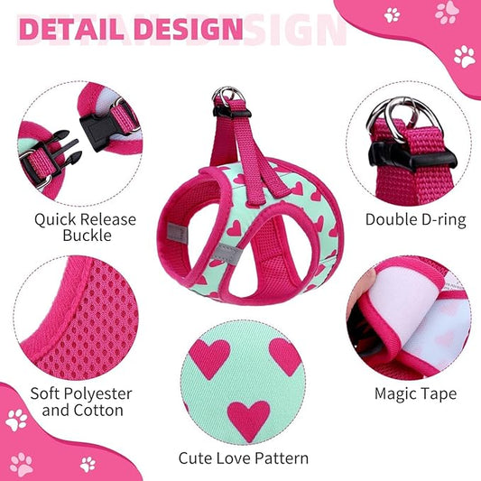 KOOLTAIL Dog Harness and Leash Set for Small Medium Dogs, Step in No Pull Soft Mesh Dog Harness Comfort Padded Pet Vest, Adjustable Reflective Easy Walking Puppy Cats Harnesses Training, Pink Heart S