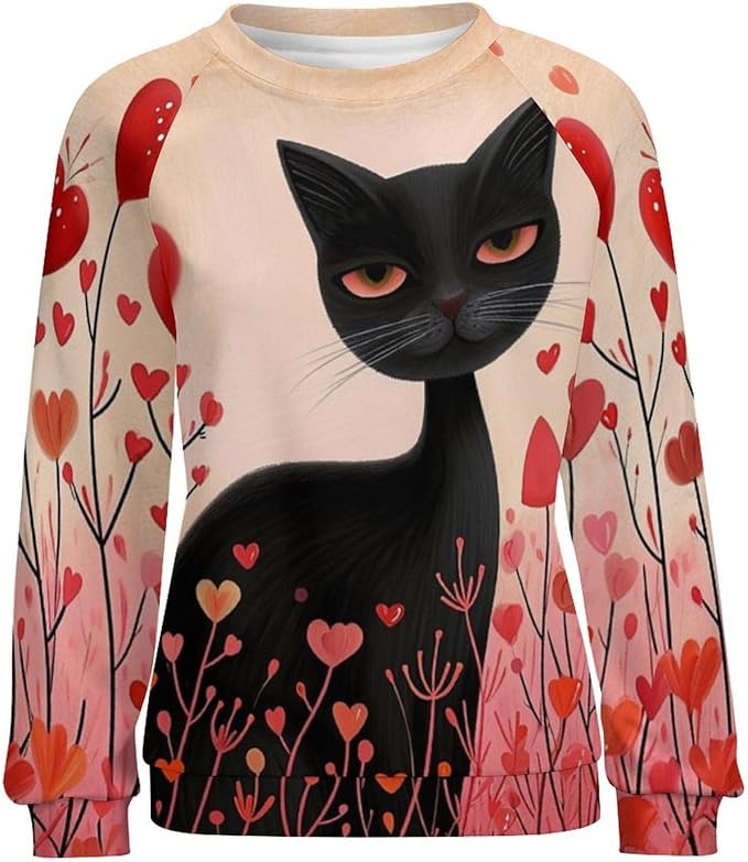 Biacolum Long Sleeve Shirts for Women Mid Century Retro Style Atomic Cat 3D Graphic Sweatshirts Fall Crewneck Pullover Top
