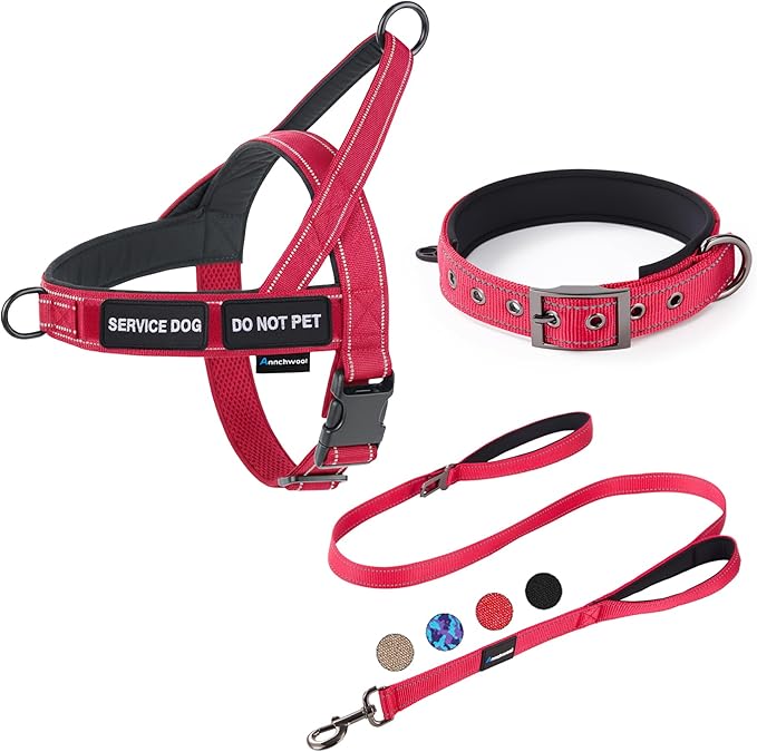 Annchwool No Pull Dog Harness, Collar & Leash Set|Reflective Dog Harness+Heavy Duty Dog Collar+Dog Leash with Double Handle & Car Seatbelt Clip|Easy for Walking Medium Large Size Dogs(Red,M)