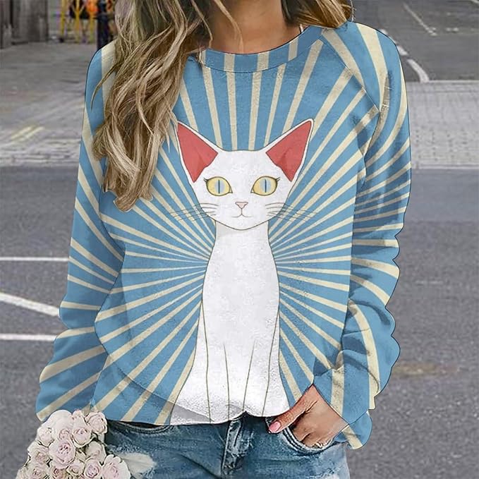 Biacolum Long Sleeve Shirts for Women Mid Century Retro Style Atomic Cat 3D Graphic Sweatshirts Fall Crewneck Pullover Top