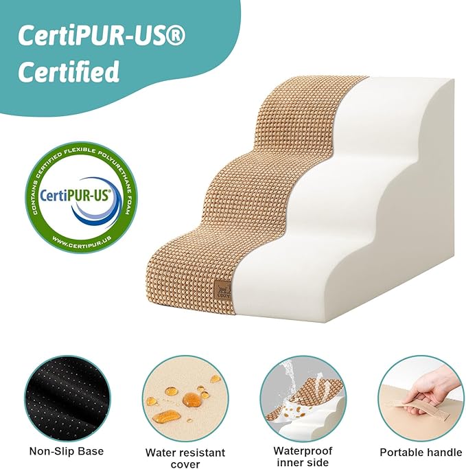 Dog Stairs for Small Dogs 15.7" H, Curved Dog Step for Puppy, Older Cat, Medium Pet Ramp for Sofa, Couch or Chair, Ladder with High Density Foam, 3 Step, 15.7x22.4x15.7 inch, Light Brown