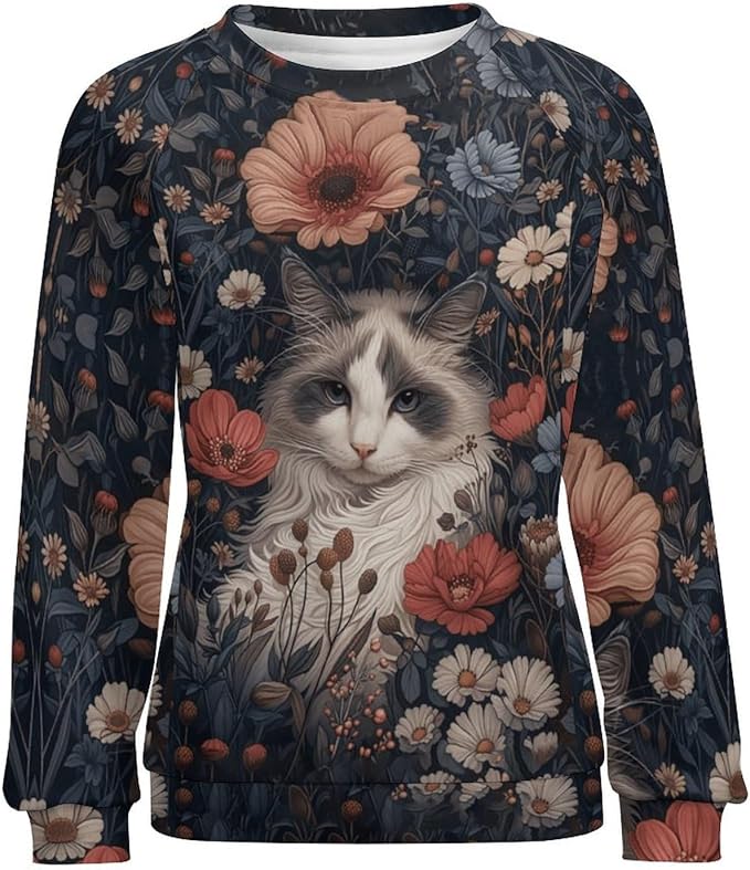 Womens novelty funny cat printed crewneck sweatshirt casual loose long sleeve graphic pullover sweatshirts tops