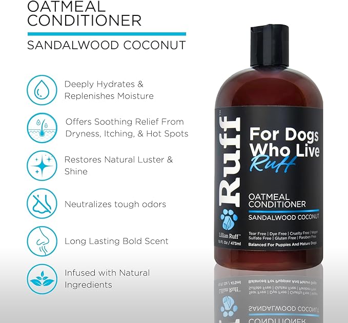 Ruff by Lillian Ruff De-Shedding Shampoo & Oatmeal Conditioner | Coconut Lime & Sandalwood Coconut | Vitamin E, Omega-3, Aloe & Coconut Oil | Moisturizing, Soothing, Deodorizing | Made in USA