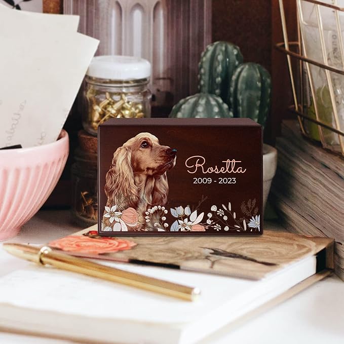 Custom Pet Keepsake Urns for Dogs, Wooden Box for Pet Ashes with Photo for Your Beloved Pets, Pet Cremation Urns for Pet Lovers - Small, 6" x 4" x 2.75" (Design 8)