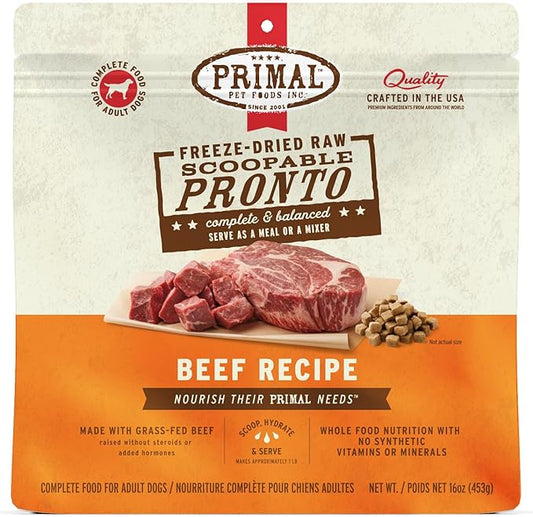Primal Freeze Dried Dog Food, Pronto Mini Nuggets, Beef; Scoop & Serve, Complete & Balanced Meal; Also Use as Topper or Treat; Premium, Healthy, Grain Free High Protein Raw Dog Food (16 oz)