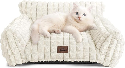 Cat Beds for Indoor Cats - Cute Cat Couch Bed Fluffy Pet Sofa with Faux Rabbit Fur Washable Cover, Fuzzy Pet Couch in 3D Diamond Pattern, Suppportive Large & Small Cats Sofa, 24inch Off White