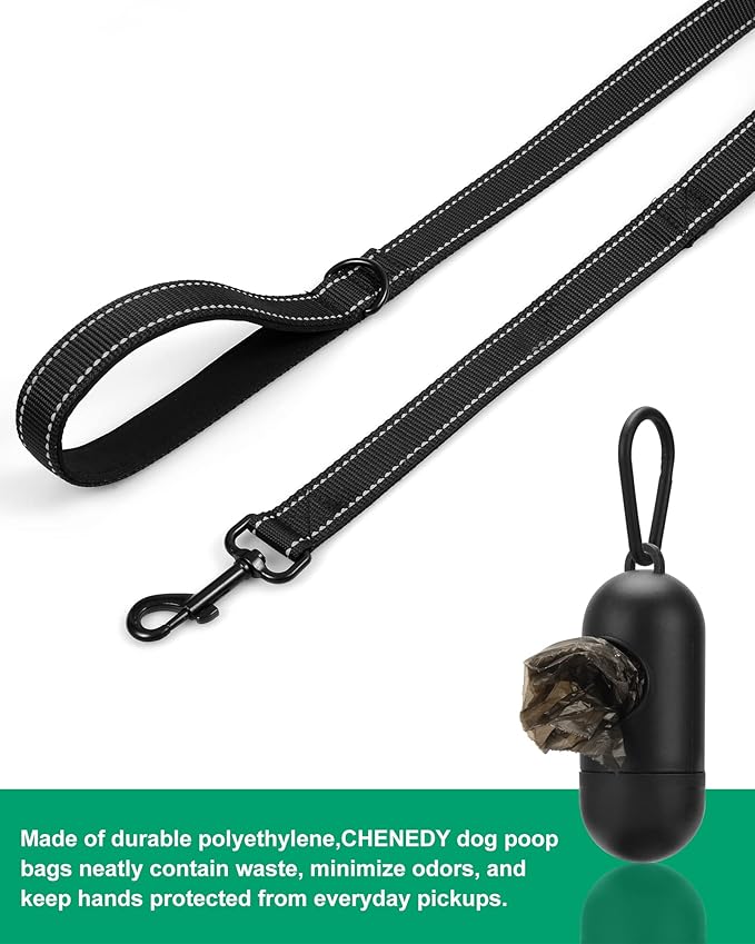 Heavy Duty Dog Leash with 2 Handles - 6ft Reflective Anti-Pull Leash for Large Dogs, Padded Traffic Handle for Control, Durable Nylon Training Lead (Black)