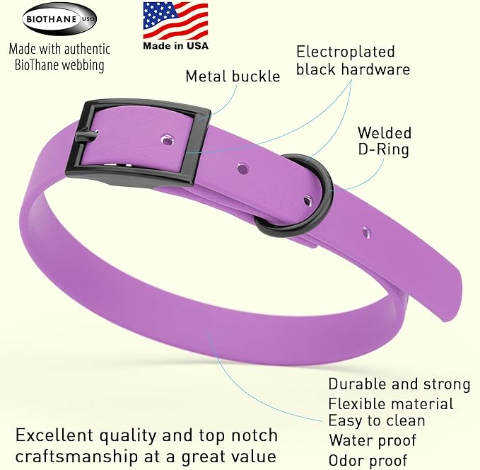 Dogline Biothane Coated Webbing Dog Collar with Black Metal Hardware: Durable Easy-Clean Everyday Collar for Dogs - Comfortable Adjustable Odor-Resistant Pet Collar, W5/8" x L12-15, Amethyst Purple