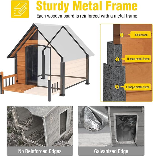 Aivituvin Dog House Outdoor 50.9" Large Dog Kennel with Anti-Bite Metal Frame for Small Medium Large Dogs Weatherproof for Winter