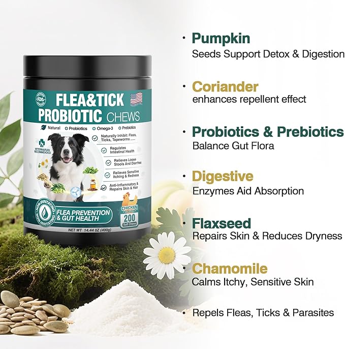 Dog Flea and Tick Treatment Chewables for Dogs Natural Chewable Flea and Tick Chicken Flavor Prevention Probiotic Dog Chews Gut Health Probiotics for Dogs Digestive Health 2 in 1 Chewable 200 Chews