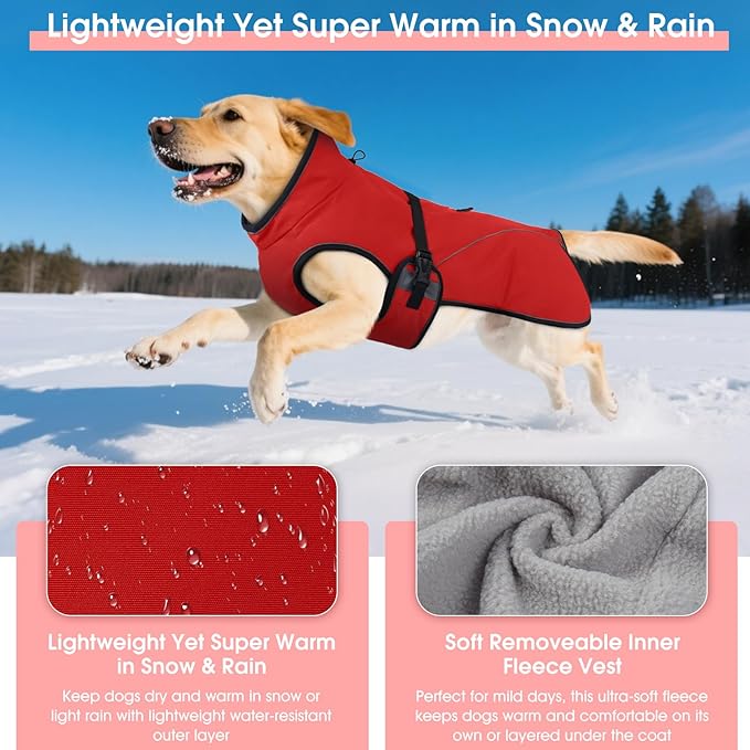 QBLEEV 2 in 1 Dog Coat, Waterproof Dog Winter Jacket with Detachable Fleece Vest, Windproof Warm Snow Jakcet with Harness Hole, Reflective Cold Weather Coats for Small Medium Large Dogs