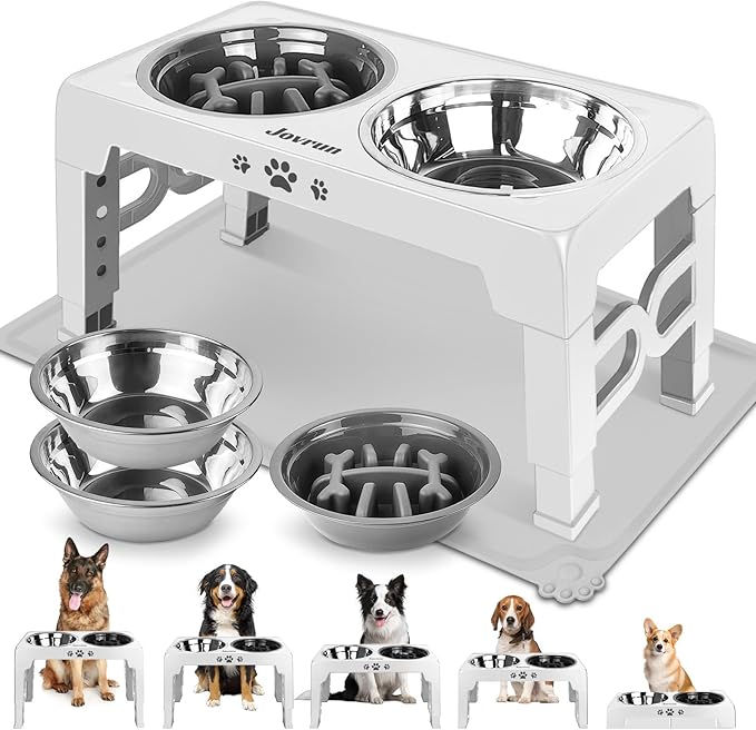 Elevated Dog Bowls, Dog Feeder with Stainless Steel Dishes & Slow Feeder Bowl, 5 Heights Adjustable Raised Stand for Medium Large, Food Dishes with Non-Slip Feet