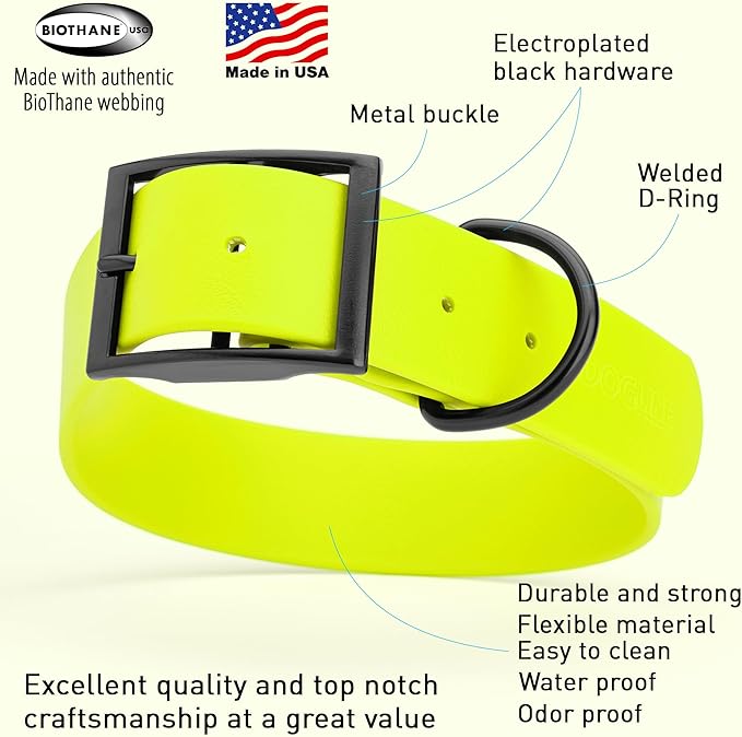 Dogline Biothane Coated Webbing Dog Collar with Black Metal Hardware: Durable Easy-Clean Everyday Collar for Dogs - Comfortable Adjustable Odor-Resistant Pet Collar, W1.5 x L16-20", Safety Yellow