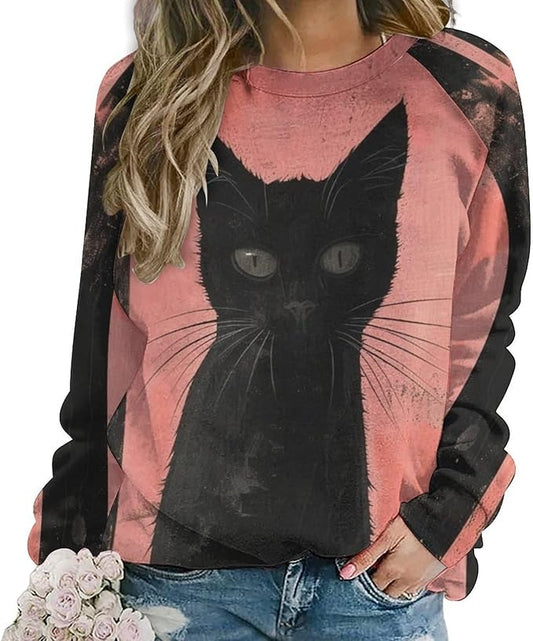 Biacolum Long Sleeve Shirts for Women Mid Century Retro Style Atomic Cat 3D Graphic Sweatshirts Fall Crewneck Pullover Top