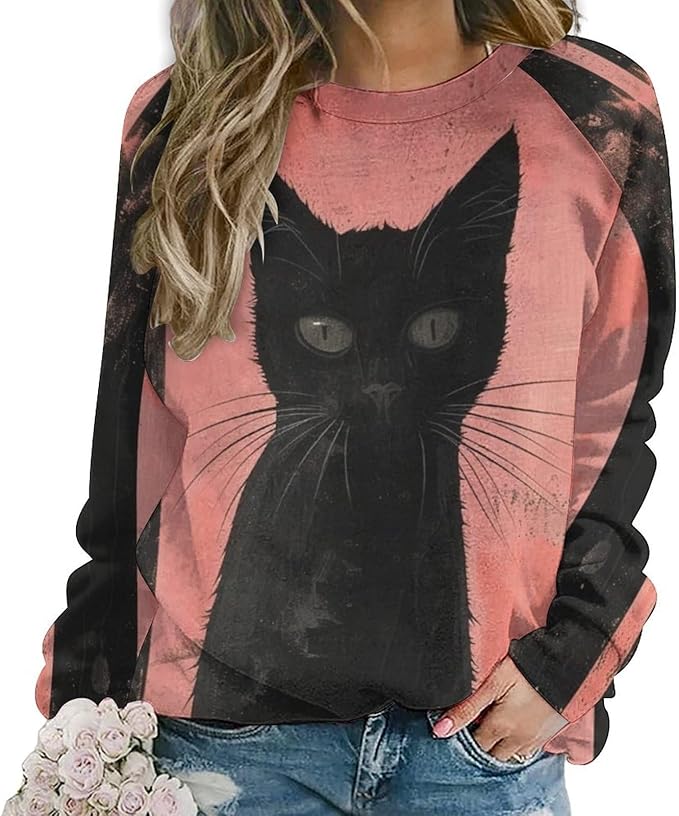 Biacolum Long Sleeve Shirts for Women Mid Century Retro Style Atomic Cat 3D Graphic Sweatshirts Fall Crewneck Pullover Top