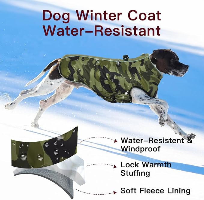 Dog Winter Jacket - Large, Warm Zip Up Snowsuit Dog Harness Vest, Reflective, Water-Resistant, Camouflage