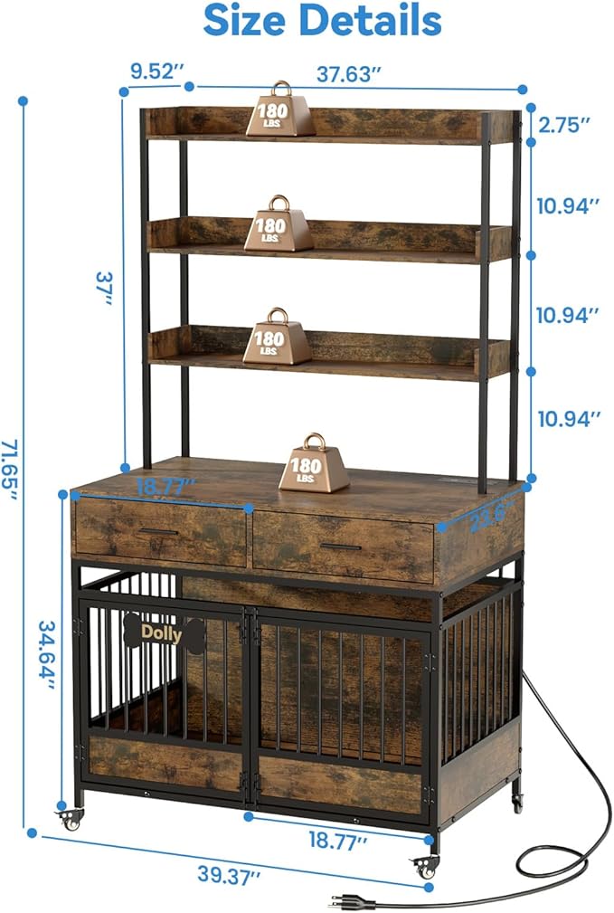 Petrova 72" Tall Dog Crate Furniture with Storage Shelves, 39" Heavy Duty Wooden Dog Kennel Indoor for Medium Dogs, Decorative Dog Cage with Charging Station, LED Light, 2 Drawers, Wheels