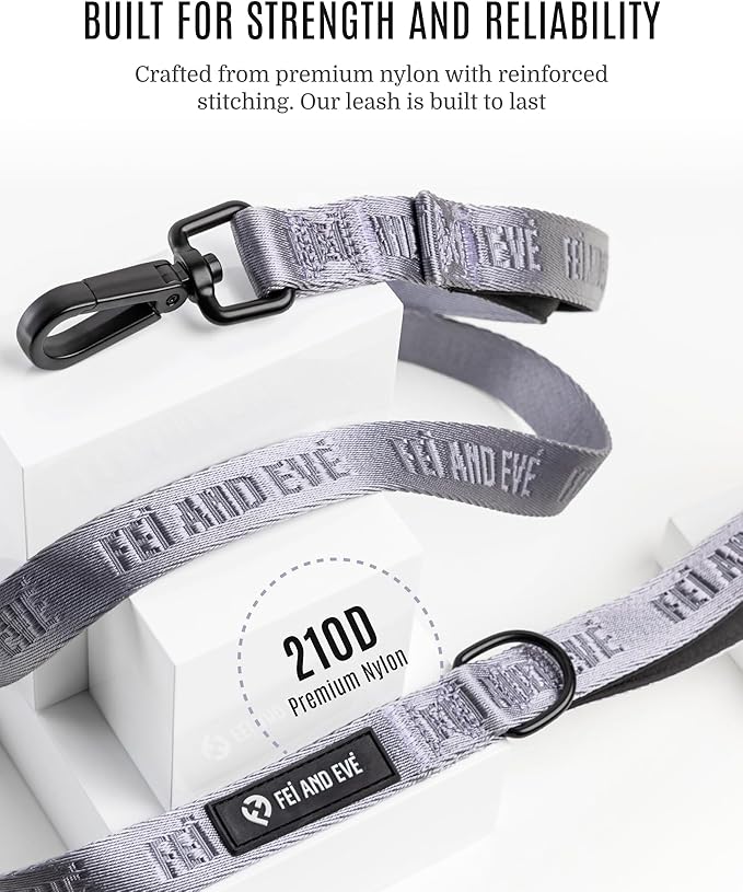 2025 New Edition, Fei & Eve Classic Dog Leash - 6FT, Dual Padded Handles, 360° Swivel Hook, Heavy Duty 210D Nylon - No-Pull Design with Traffic Control Handle - for Small/Medium/Large Dogs, Gray