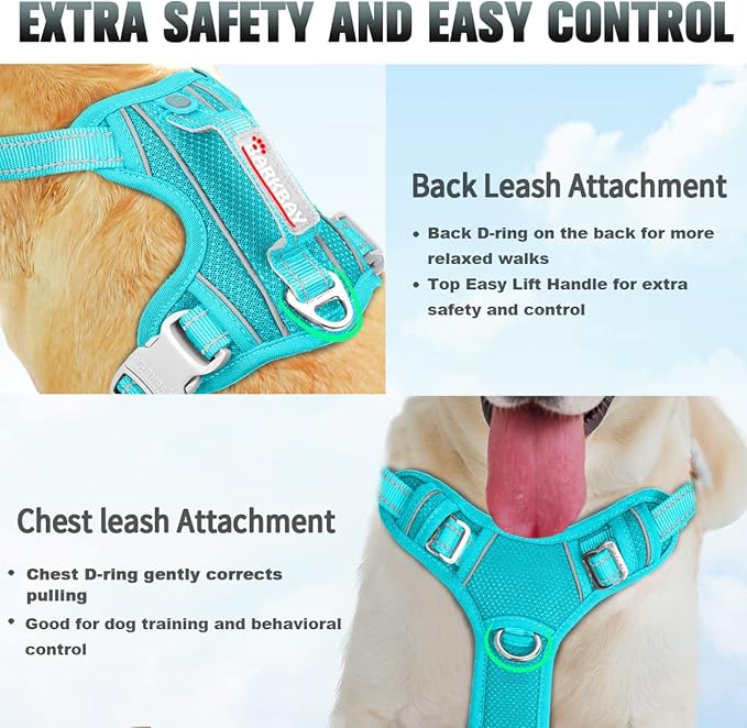 BARKBAY No Pull Dog Harness Large Reflective Dog Harness with Front Clip and Easy Control Handle for Walking Training Running with ID tag Pocket(Ocean Blue,S)