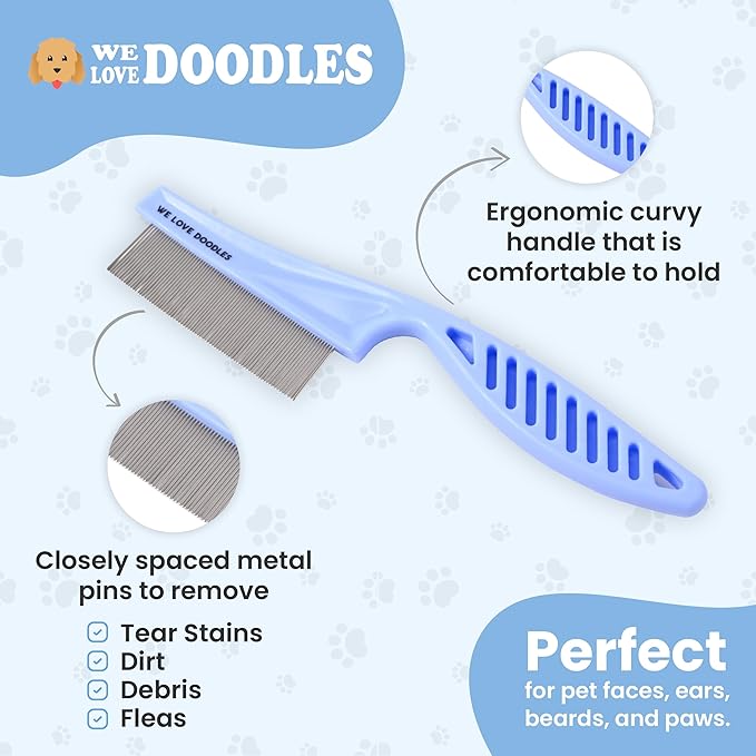 Dog Face Comb, Flea Comb for Dogs, Fine Tooth Tear Stain Remover Metal Comb, Removes Crust, Mucus, and Stains, Face Brush for Poodles & Other Breeds, Grooming Brush for Pets, Large [We Love Doodles]