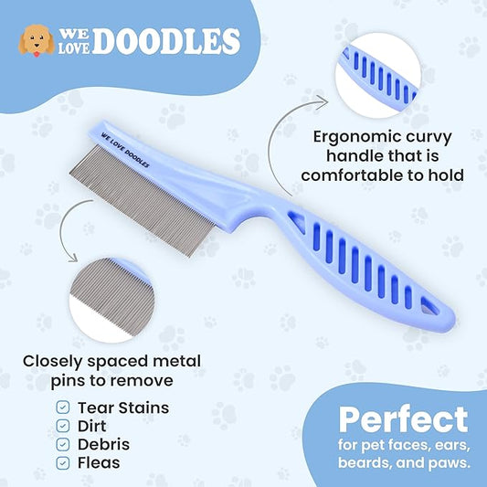 Dog Face Comb, Flea Comb for Dogs, Fine Tooth Tear Stain Remover Metal Comb, Removes Crust, Mucus, and Stains, Face Brush for Poodles & Other Breeds, Grooming Brush for Pets, Large [We Love Doodles]