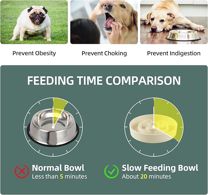 3.2 Cup Ceramic Raised Slow Feeder Dog Bowl Set, Elevated 8.2inch Bowl and 9.5inch Puzzle Slow Food Dish with Wooden Stand for Large Dog, Anti-Gulping (2 x Beige+ Stand)