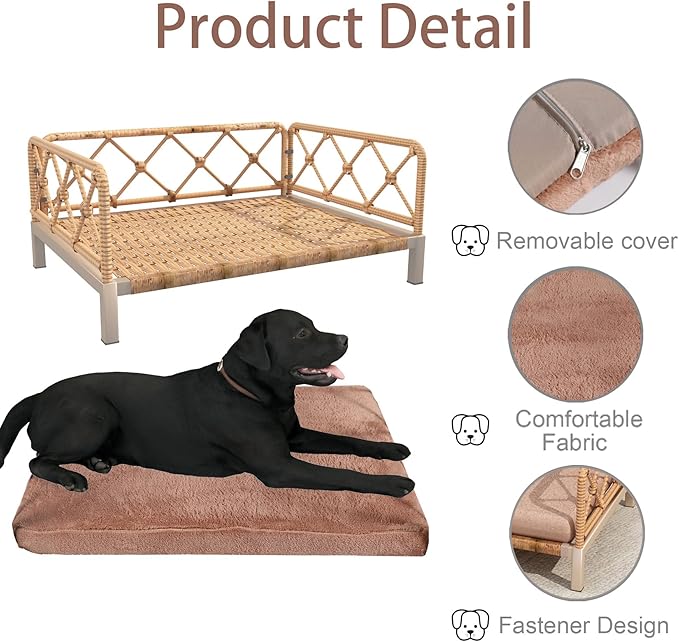 Wicker Dog Bed with 2" Cushion,Rattan Dog Sofa Bed for Small Medium Dogs– Indoor/Outdoor Metal Frame Pet Bed up 66lbs (Brown Rattan Brown Cushion)