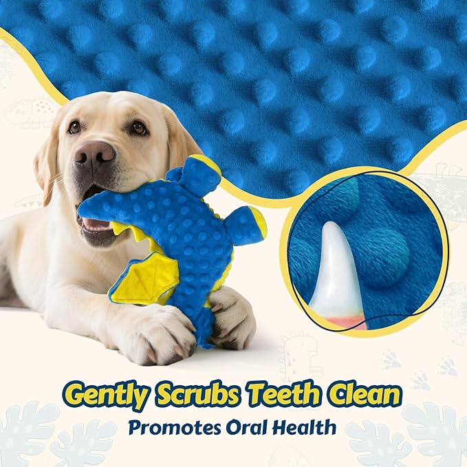 Squeaky Dog Toys - Soft Plush Dragon Dog Toy with 5 Squeakers & Crinkle Paper, Dog Toys for Small, Medium and Large Dogs (Blue,10")