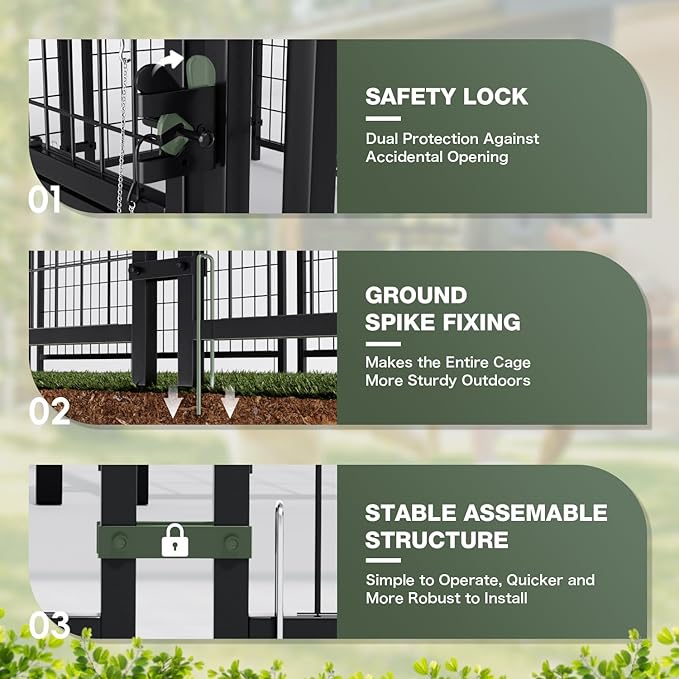 Greesum Large Outdoor Dog Kennel, Heavy Duty Welded Wire Steel Dog Playpen Fence with Secure Lock/UV-Resistant Waterproof Roof Cover/Rotaing Feeder Bowls, for Small/Medium/Large Dogs, XL