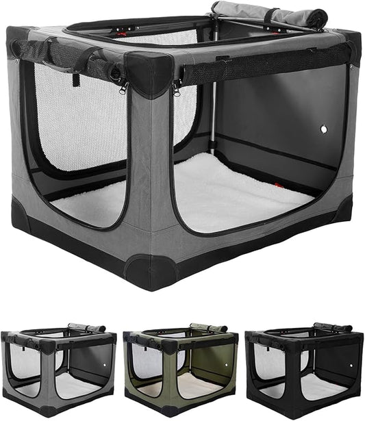 33 Inch Collapsible Travel Dog Crate for Medium Large Dogs, Portable Dog Crate 4-Door Foldable Soft Kennel with Durable Mesh Windows for Indoor & Outdoor Travel, with Storage Bag,Grey