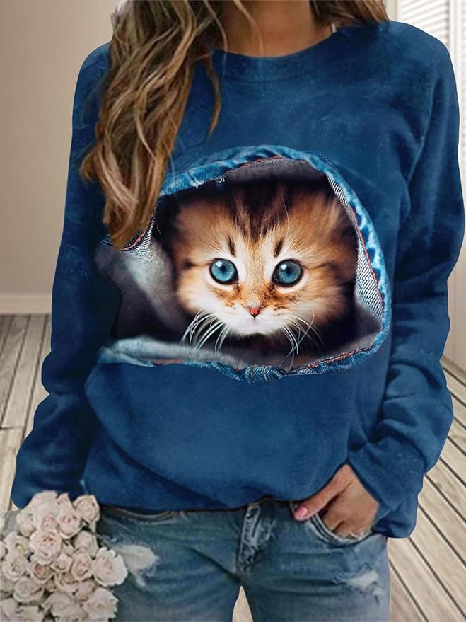 IVERIRMIN Womens 3D Cat Crewneck Sweatshirts Casual Cute Long Sleeve Shirts Pullover Tops Graphic Loose Fit Sweater for Women
