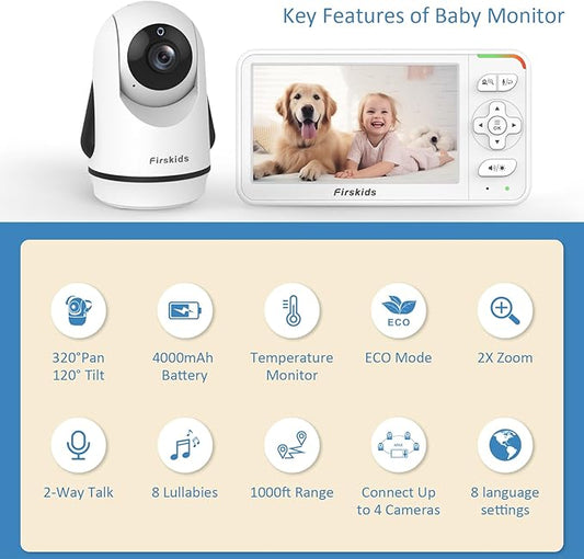 Baby Monitor, 5” Video Baby Monitor with Camera and Audio, 32-Hour Battery, Non WiFi, 2 Way Talk, Temp Sensor, Auto Night Vision, Pan Tilt Zoom Camera, Suitable for Monitor Baby and Elderly