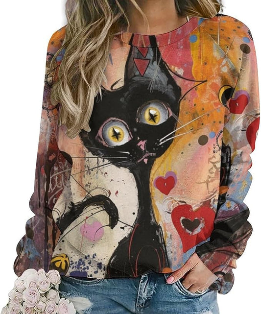 Biacolum Long Sleeve Shirts for Women Mid Century Retro Style Atomic Cat 3D Graphic Sweatshirts Fall Crewneck Pullover Top
