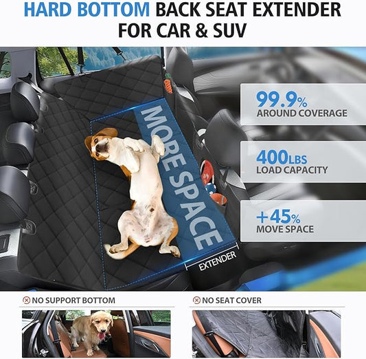 Back Seat Extender for Dogs-Mesh Window, Dog Car Seat Cover for Back Seat, 400lbs Capacity Hard Bottom, Waterproof Dog Hammock for Mid-Size Cars, SUVs, Trucks Black(52‘x24.8’)