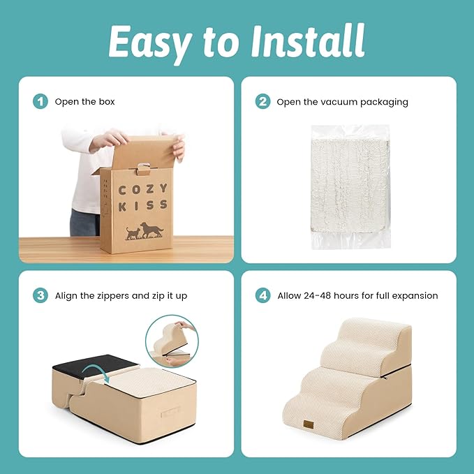 Wide Dog Stairs for Small Dogs 19.7" H, Detached Dog Step for Puppy or Older Cat, Ramp for Bed, Sofa, Couch or Chair, Ladder with High Density Foam, 17.7x28.3x19.7 inch, 4 Step, Beige