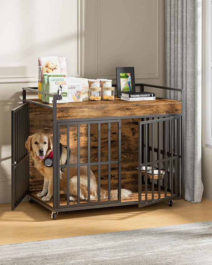 45 Inch Dog Crate Furniture, Heavy Duty Dog Kennel with 3 Doors, 2 Adjustable Bowls and Lockable Wheels, Wooden Dog House for Large Dogs, End Table Dog Cage, Rustic Brown