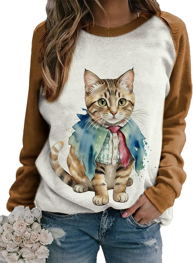 IVERIRMIN Womens 3D Cat Crewneck Sweatshirts Casual Cute Long Sleeve Shirts Pullover Tops Graphic Loose Fit Sweater for Women