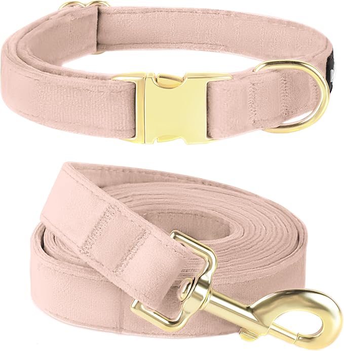 PetiFine Adjustable Pink Dog Collar and Leash Set, Super Soft Velvet with Metal Buckle for Small to Large Dogs