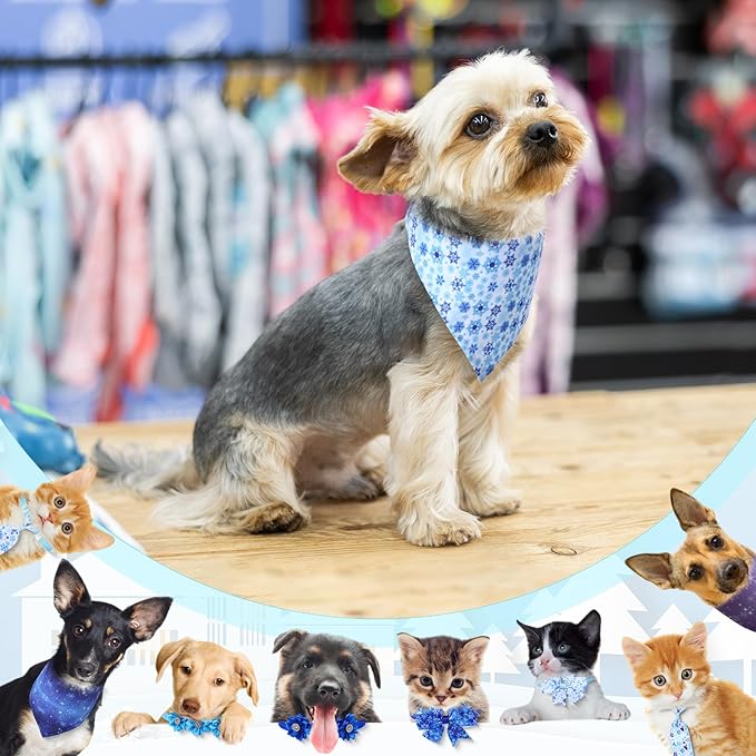 Reginary 40 Pcs Winter Dog Bandanas Bulk Blue Snowflake Cat Bow Ties Collars Adjustable Winter Wonderland Dog Collar with Bow Kerchief Bibs Set for Small Medium Pet Costume Grooming Accessories