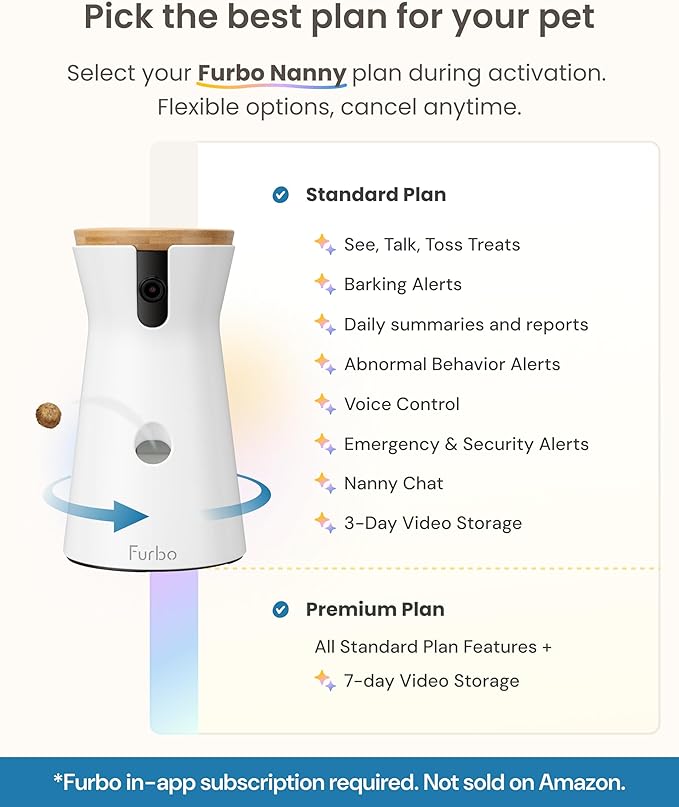 Furbo 360° Dog Camera - Unlock with Paid Plan: Home Security & Dog Safety Alerts, Rotating Pet Treat Dispenser w/ 2-Way Speaker, Smart Indoor Cam w/Phone App (3mo Minimum Subscription Required)