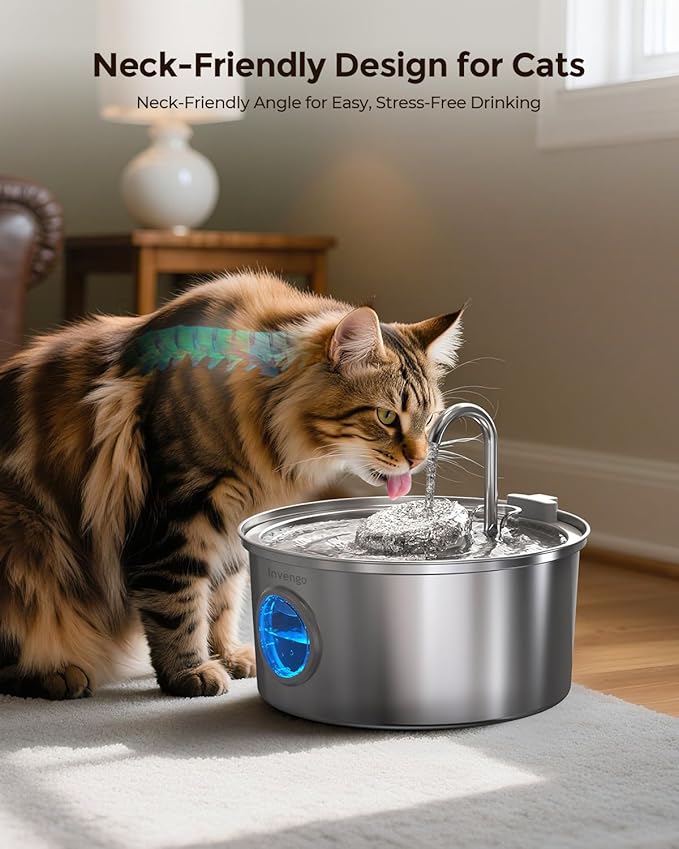 Invengo Cat Water Fountain Stainless Steel, 3.2L/108oz Pet Drinking Fountain for Cats Dogs, Automatic Cat Fountain with 2 Flow Modes, Splash-Proof Bowl