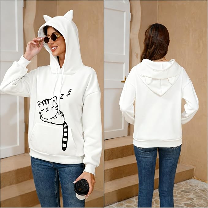 Women Girl Hoodies Cute Cat Ear Novelty Printed Pullover Sweatshirt