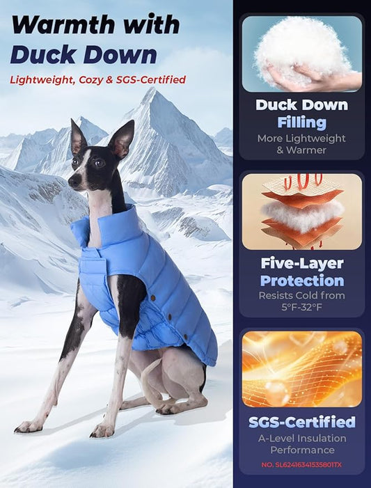 SPACE LION Dog Puffer Jacket, Down Winter Coat, Durable Outdoor Coat for Cold and Windy Conditions, Lightweight & Adjustable Fit Coats for Small & Medium Dogs, (Blue, Size12/M)