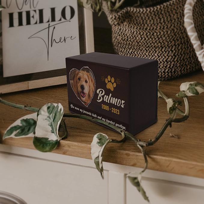 Custom Pet Keepsake Urns for Dogs, Wooden Box for Pet Ashes with Photo for Your Beloved Pets, Pet Cremation Urns as Sympathy Gifts for Pet Lovers - Small, 6" x 4" x 2.75" (Design 11)