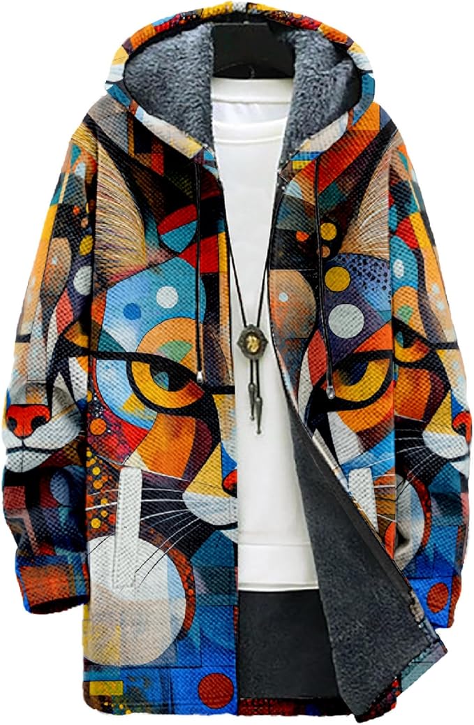 MARSVOVO Cool Hippie Long Cardigan Hoodies for Men Zipper Fleece Lined Knit Coat Skull Animal Print Graphic Jackets