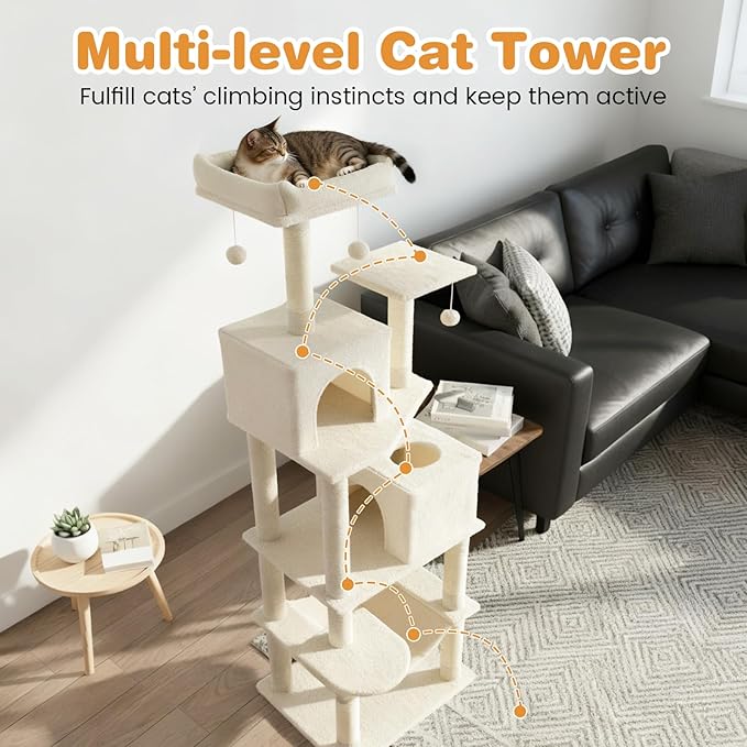 Tangkula Cat Tree for Indoor Cats, 75 Inch Extra Tall Cat Tower with Sisal Scratching Post, Padded Top Perch, Dual Condos, Hammock, 2 Dangling Balls, Platforms, Multi-Level Cat Climbing Furniture